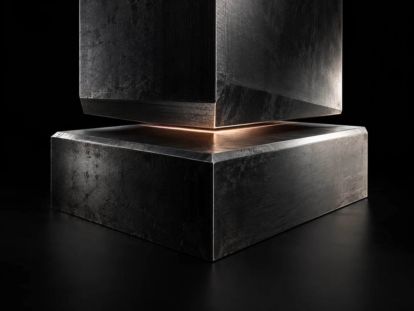 Precision-cut steel blocks separated by a warm seam of light